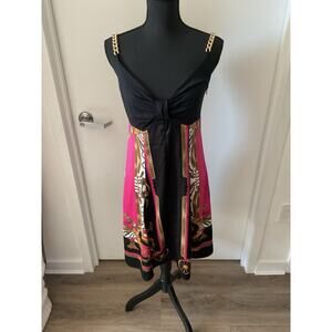 Andrea Behar A-Line Dress 6 Black Pink Satin Chain Strap V-Neck Zip Knee